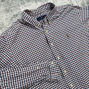 Polo Ralph Lauren Shirt Mens 2XL Maroon Blue Check Oxford Cotton Flesh Pony OCBD